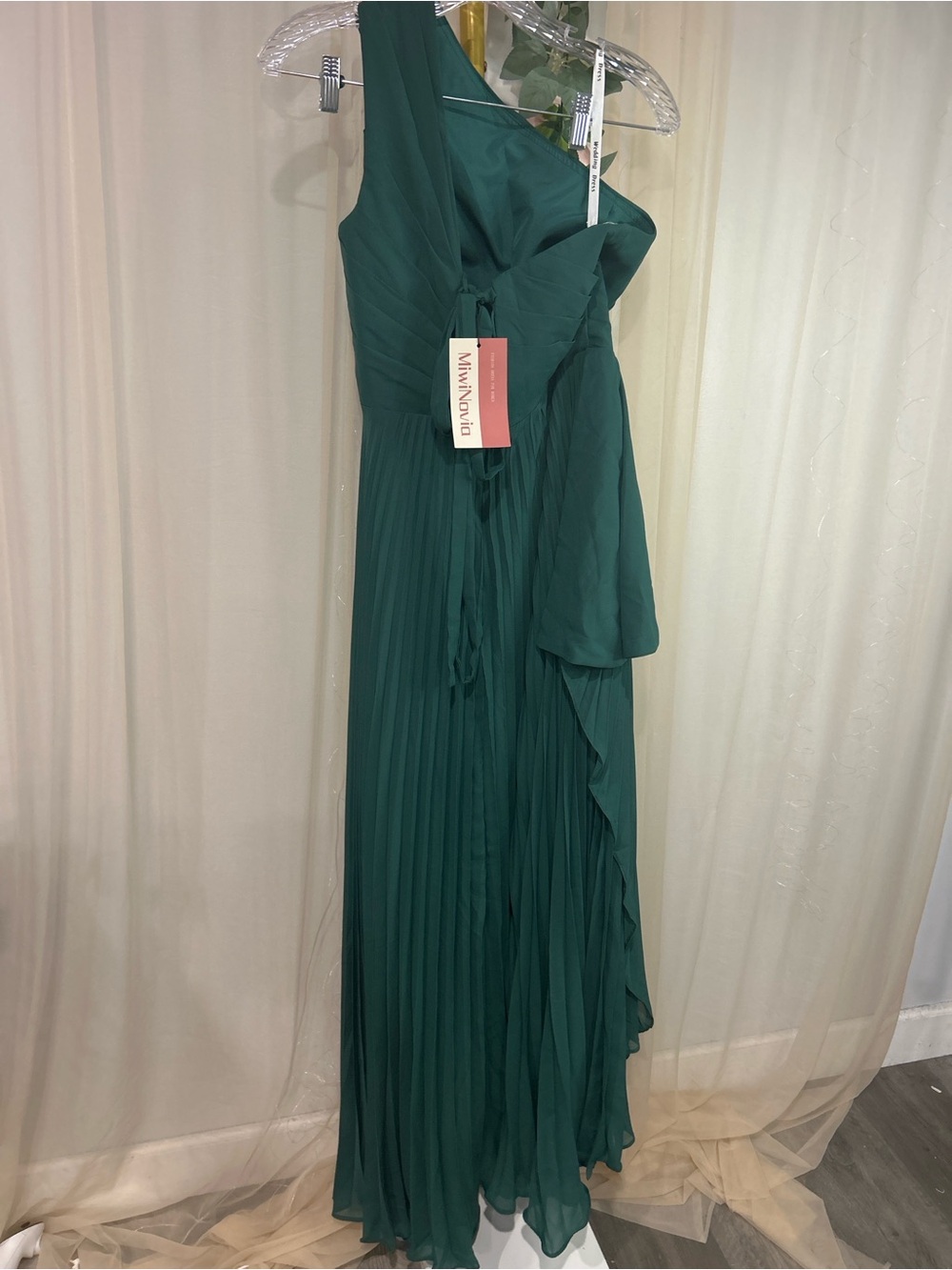 Olive Green Pleated Evening Gown - Picture 3 of 4